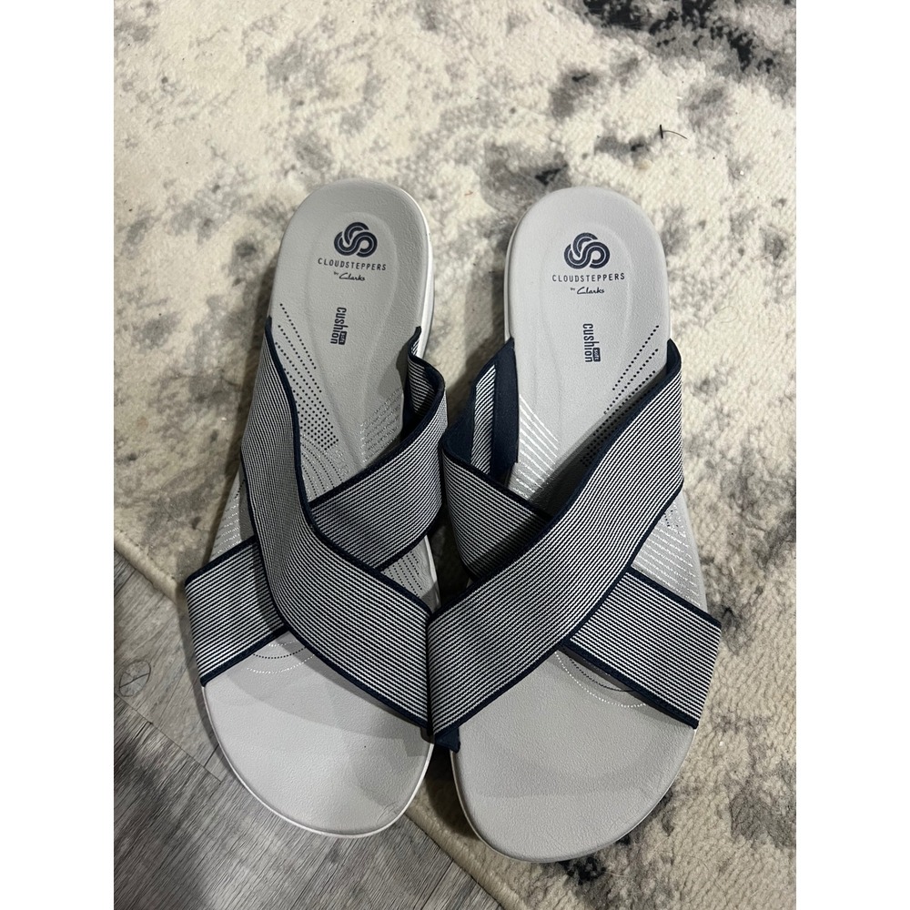 Clarks Cloudsteppers Arla Glison Womens Navy White Striped Slide Sandals Size 12